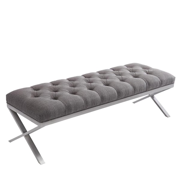 Armen Living Milo Grey 20 in. H x 60 in. W x 21 in. D Bench in Brushed Steel with Fabric Upholstery