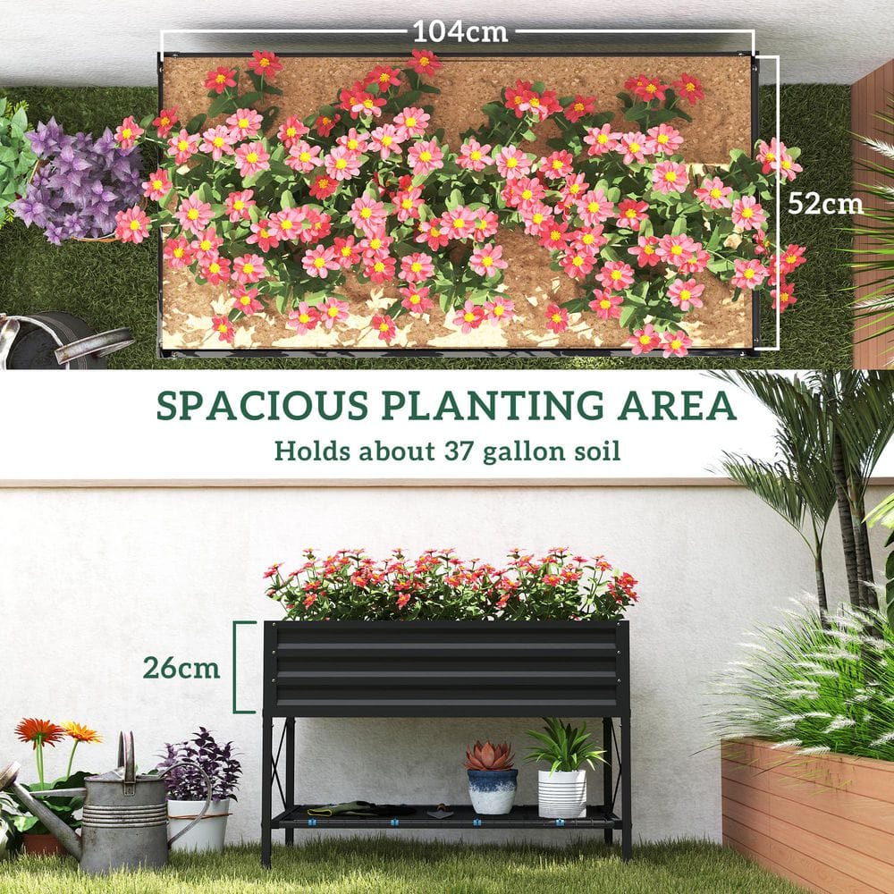 Gray Galvanized Metal Raised Garden Bed with Storage Shelf