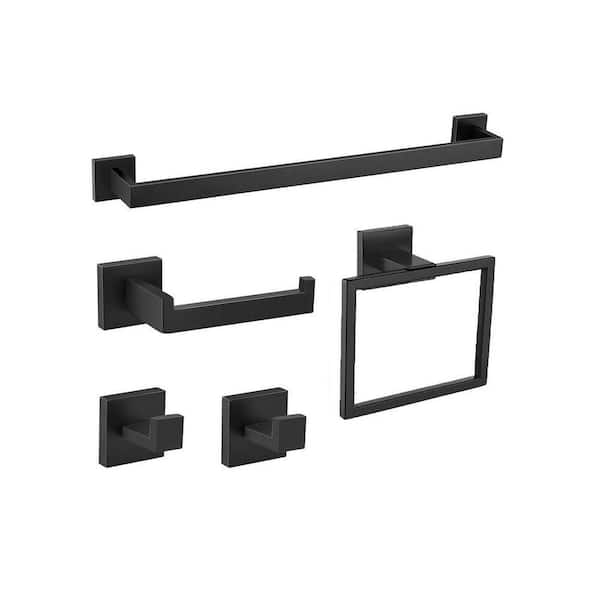 5-Piece Bathroom Hardware Sets Accessories with Towel Bar Towel Holder Racks Toilet Paper Holder in Matte Black