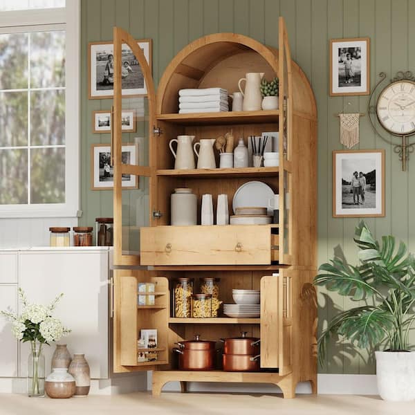 Farmhouse Natural Wood 29.9 in. Kitchen Island Arched Kitchen Pantry Cupboard Cabinet with Open and Adjustable Shelves