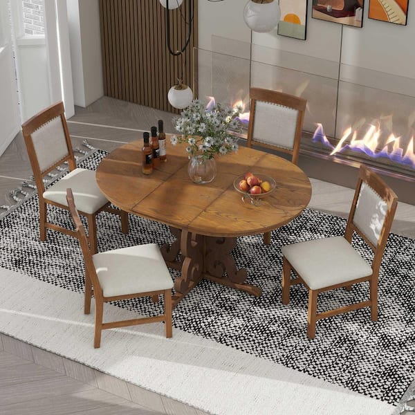 Nestfair 5-Piece Walnut MDF Top Extendable Dining Set with 4 Upholstered Chairs and a 16-inch Leaf