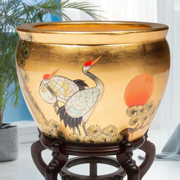 Red Lantern 16 in. Cranes Gold Lacquer Fishbowl L3-F-07GCR16
