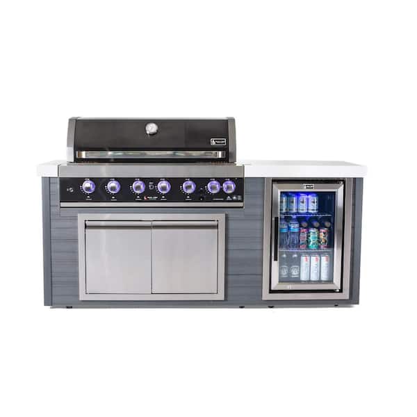 Artwood Series 6 Burner HDPE Outdoor Kitchen Propane Natural Gas Grill Island + Refrigerator in Black Stainless Steel