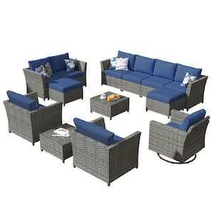 Denali Gray 13-Piece Wicker Patio Conversation Sectional Sofa Set with Navy Blue Cushions and Swivel Rocking Chair