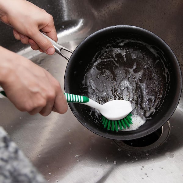 Dishwashing Brush with Soap Dispenser - Silicone Rubber Button Non-Slip  Grip