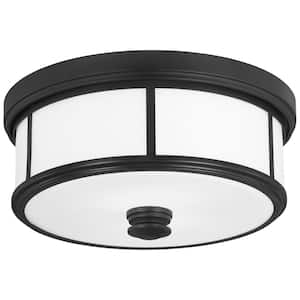 Harbour Point 13.5 in. 2-Light Black Flush Mount with Etched White Glass Shade