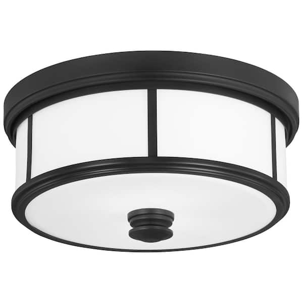 Minka Lavery Harbour Point 13.5 in. 2-Light Black Flush Mount with Etched White Glass Shade