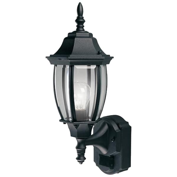 Alexandria 17.3 in. 1-Light Farmhouse Matte Black Motion Sensing, Dusk-to-Dawn, Outdoor Wall Light Lantern Sconce