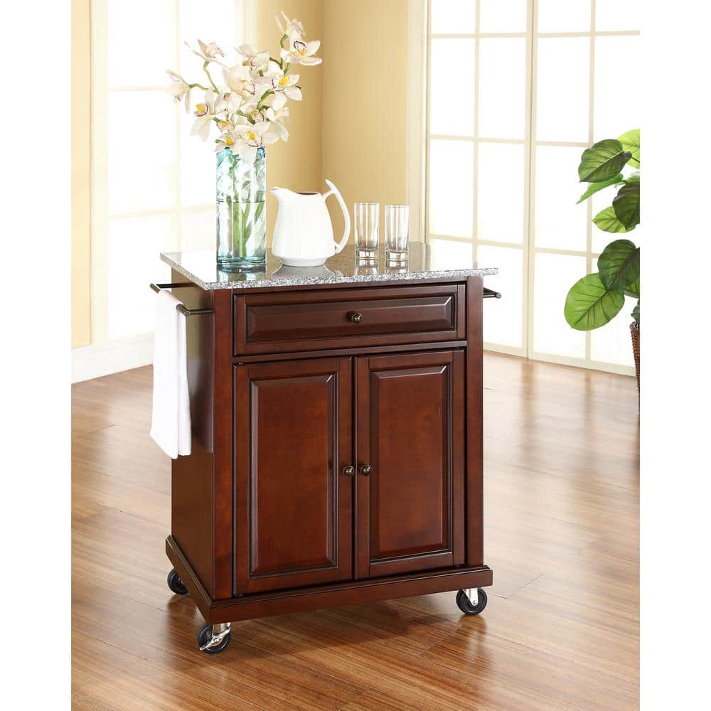 Compact Granite Top Mahogany Kitchen Cart with Ample Storage