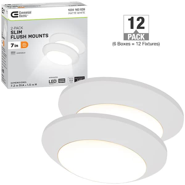Commercial Electric 7.2 in. Matte White Slim LED Flush Mount 854LM 12.5-Watt Soft White 3000K Bedroom Closet Kitchen Lighting (12-Pack)