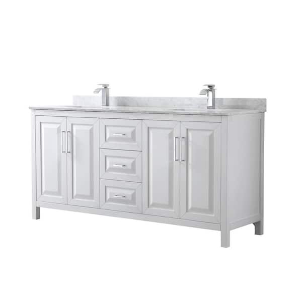 Wyndham Collection Daria 72 in. Double Bathroom Vanity in White with Marble Vanity Top in Carrara White with White Basin