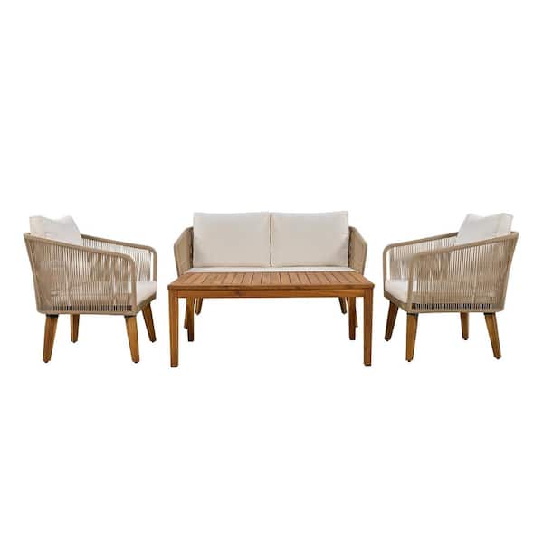 Unbranded 4-Piece Metal Patio Conversation Set with Beige Cushions and Wooden Table