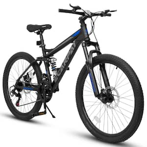 27 in. Black Steel Mountain Bike, 21-Speed Full Suspension, Disc Brakes Grip Shifter Front Fork Rear Shock Absorber