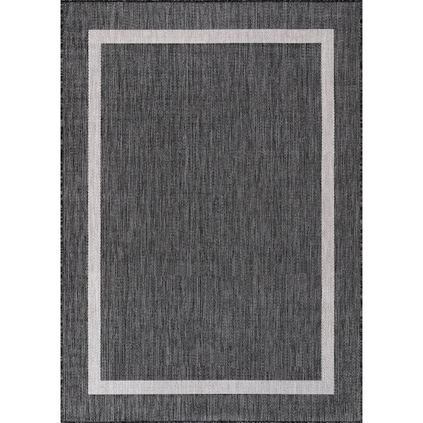 5 X 7 Dark Gray White Waikiki Modern Bordered Indoor Outdoor Area Rug