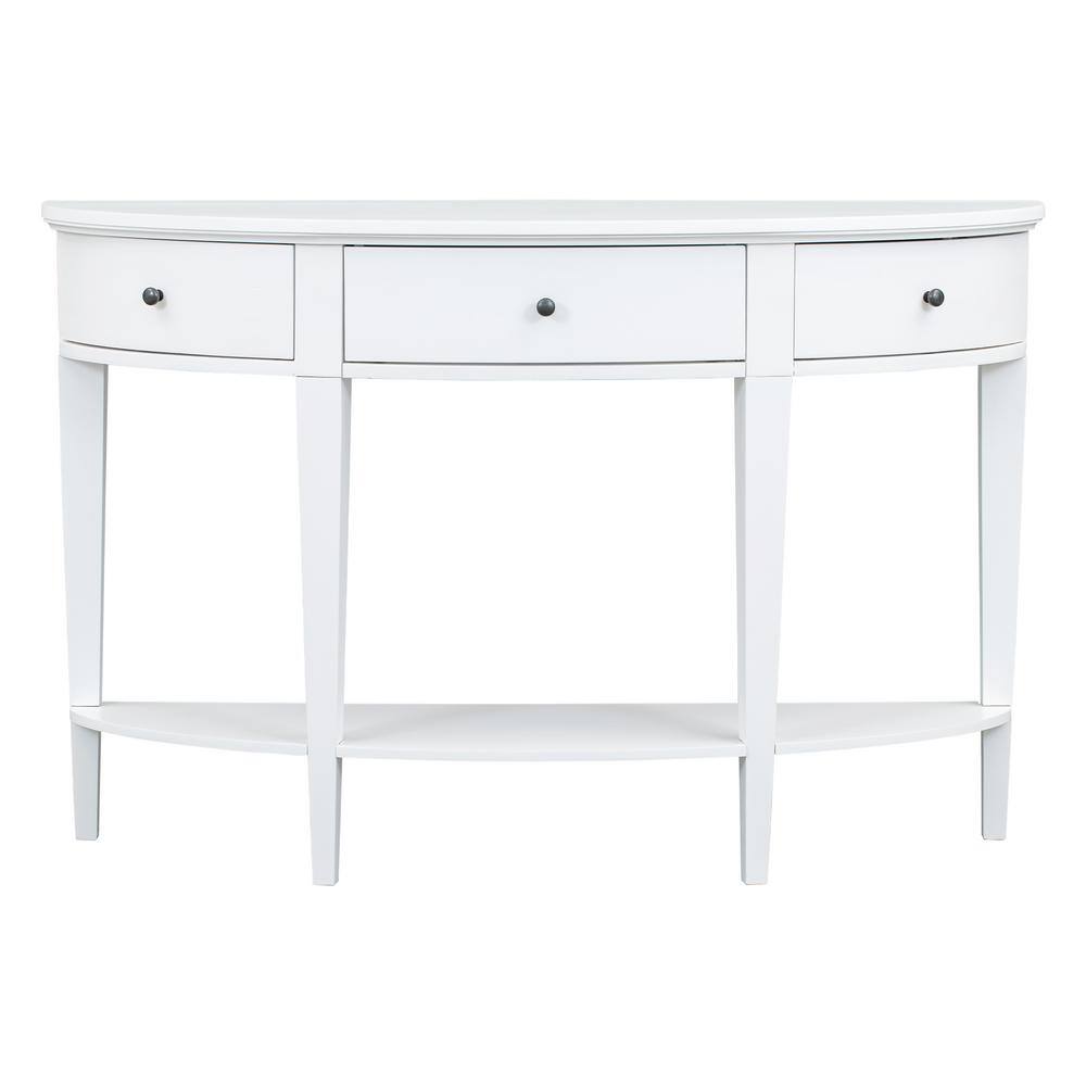 51.1 in. White Half-Moon Wood Console Table with 3 drawers and 1 Shelf for Hallway, Entryway, Living Room