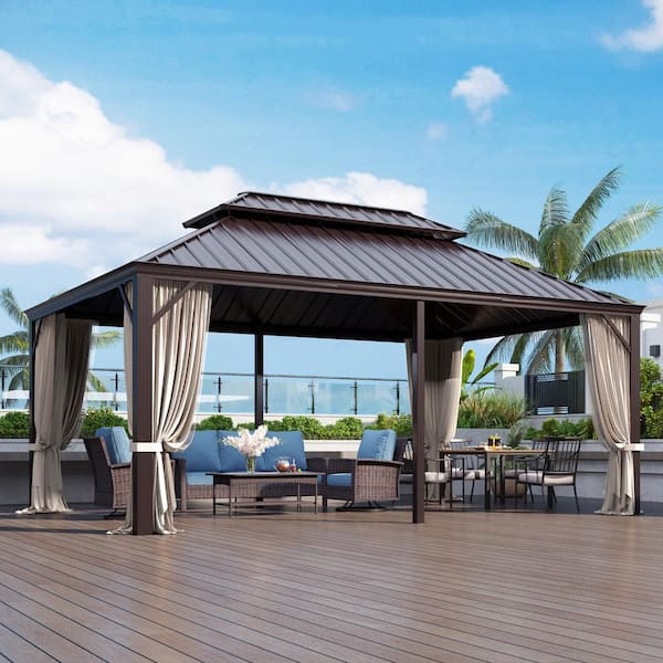 12 ft. x 18 ft. Galvanized Steel Hardtop Gazebo With Mosquito Net and Privacy Curtain