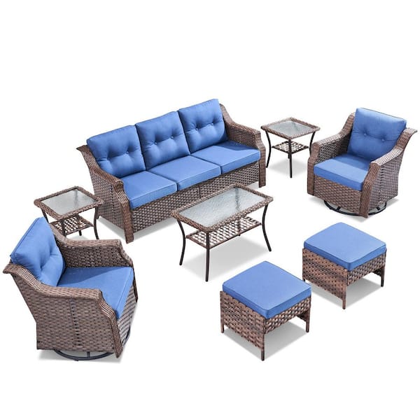 8-Piece Wicker Patio Conversation Set with Blue Cushions, Ergonomics Outdoor Chair Set