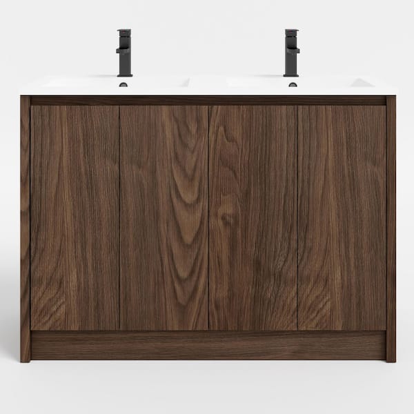 Natural Wood 48 in. W Double Sinks Freestanding Walnut Bath Vanity with White Advanced Composite Resin Top