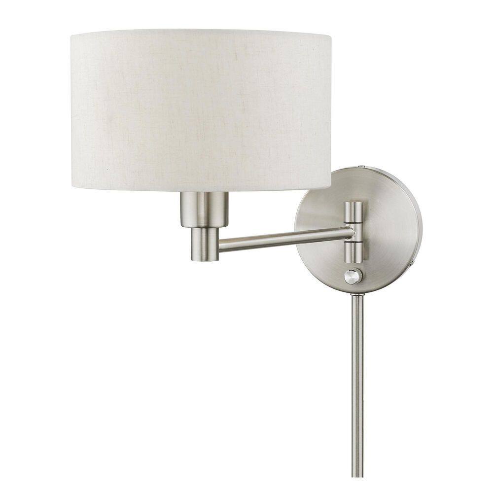 Transitional Brushed Nickel Swing Arm Wall Lamp with Oatmeal Fabric Shade