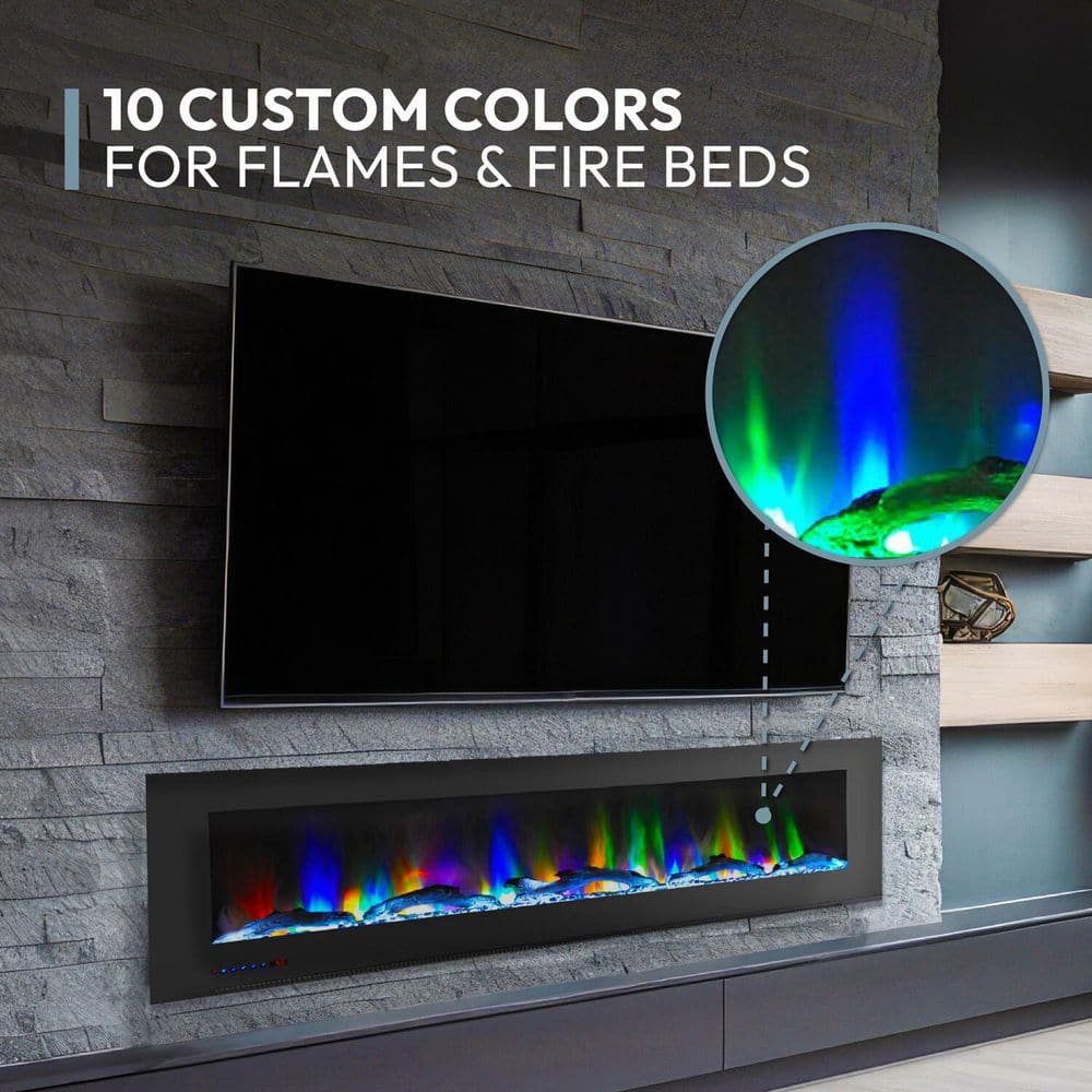 72-Inch Black Wall Mount Electric Fireplace with Multicolor LED Flames