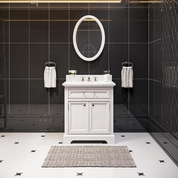 Water Creation 30 in. W x 22 in. D Vanity in White with Marble Vanity Top in Carrara White, Mirror and Chrome Faucet
