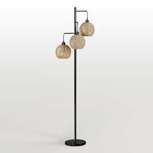 New York 71 in. 3-Light Black Tree Standard Floor Lamp with Three Woven Shades