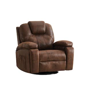 Black Metal Swivel Power Lift Outdoor Recliner Chair with Brown Faux Leather Cushion, Massage and Heat