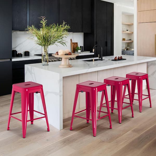 Bar Stools 24 in. H Hot Pink Backless Metal Bar Stool with Seat Metal Set of 4