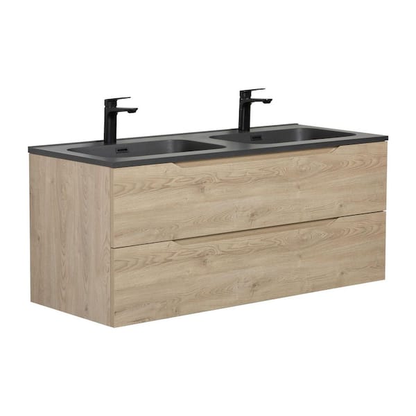 SD 47.25 in. W x 18.6 in. D Double Sink Floating Bath Vanity in Evita Oak Wood with Black Quartz Sand Composite Top
