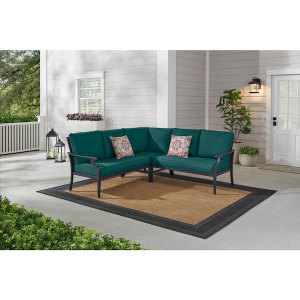 Hampton Bay Braxton Park 3-Piece Black Steel Outdoor Patio Sectional Sofa with CushionGuard Malachite Green Cushions