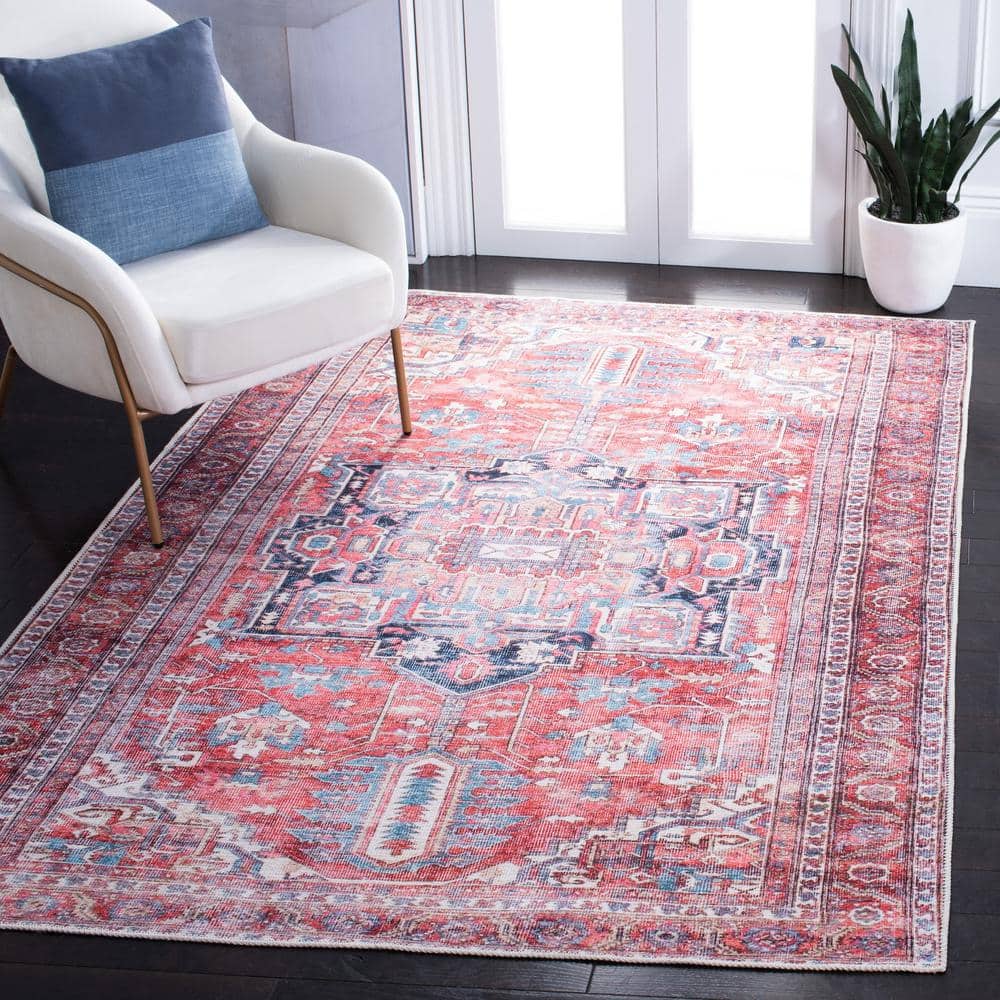 Red and Navy Rectangular Chenille Area Rug