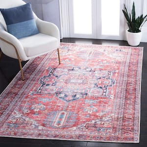 Serapi Red/Navy 5 ft. x 8 ft. Machine Washable Border Floral Area Rug