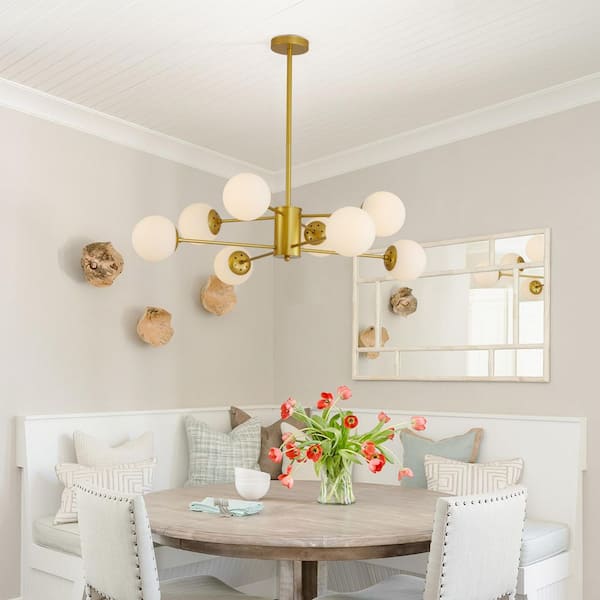 8 Light Gold Mid-Century Branching Chandelier with Globe Shades