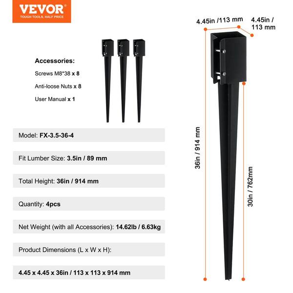VEVOR Fence Post Anchor Ground Spike 4 Pack 36 x 4 x 4 in. Outer Diameter 3.5 x 3.5 in. Inner Diameter Powder Coated Post