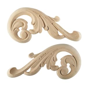 Acanthus Scroll Applique Pair 12.25 in. x 6 in. x 0.625 in. Hand Carved Unfinished Maple Wood - Elegant Wall Accents