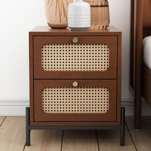 17 in. W x 17 in. D x 21.6 in. H Walnut Brown Wood Linen Cabinet with 2 Rattan Drawers and Legs
