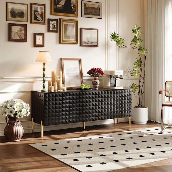 FUFU&GAGA Black Wood 55.3 in. W Sideboard Cabinet with Textured Doors and Gold Metal Legs, Entryway Console, Bookshelf, TV Stand