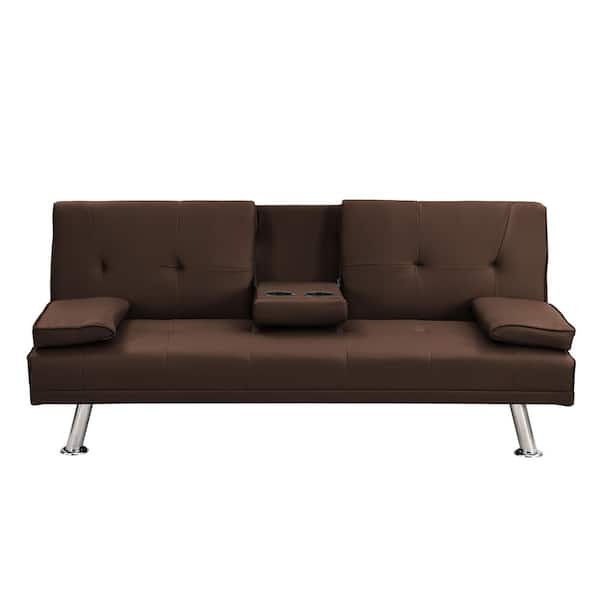 66.1 in. Brown Faux Leather Sofa Bed with armrest and holders Convertible Sofa Bed Futon Set
