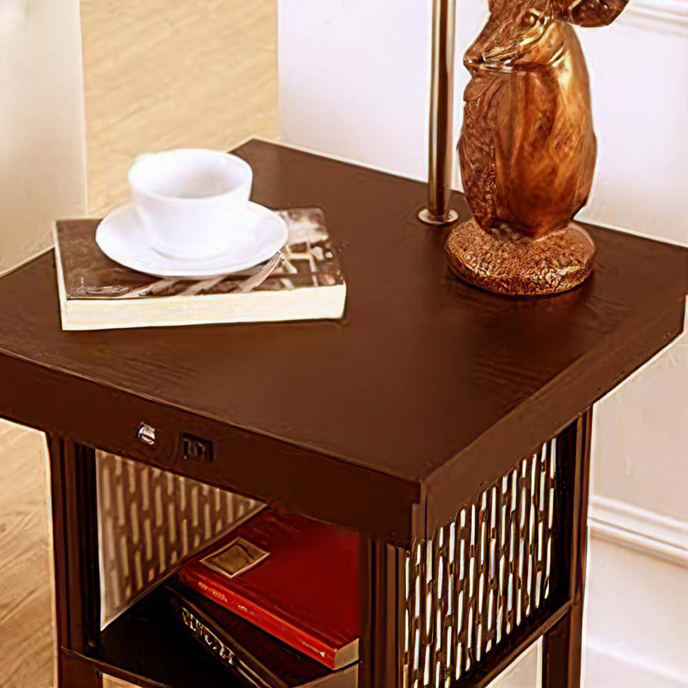 Madison Mid-Century Modern Side Table with Built-In LED Lamp and USB Ports, Havana Brown