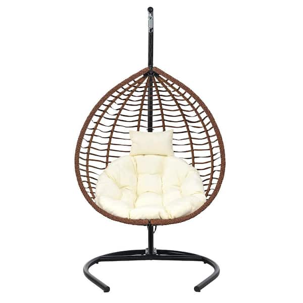 6.5 ft. Free Standing Hammock, Brown Rattan Egg Swing Chair Stand, Iron Frame, Beige Cushion and Removable Headrest