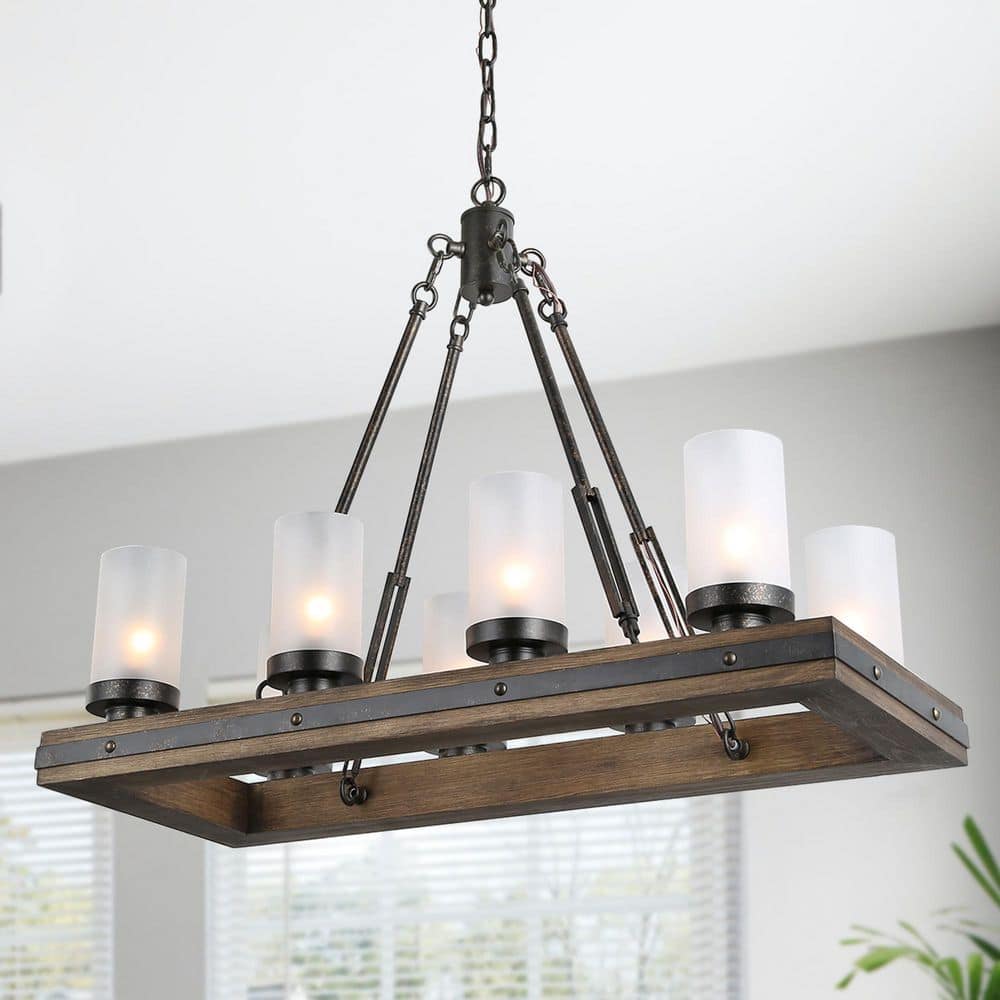 Wood Chandelier, Rustic 8-Light Linear Farmhouse Black Chandelier Kitchen Island Pendant Light with Frosted Glass Shades price history on PriceWatchPro