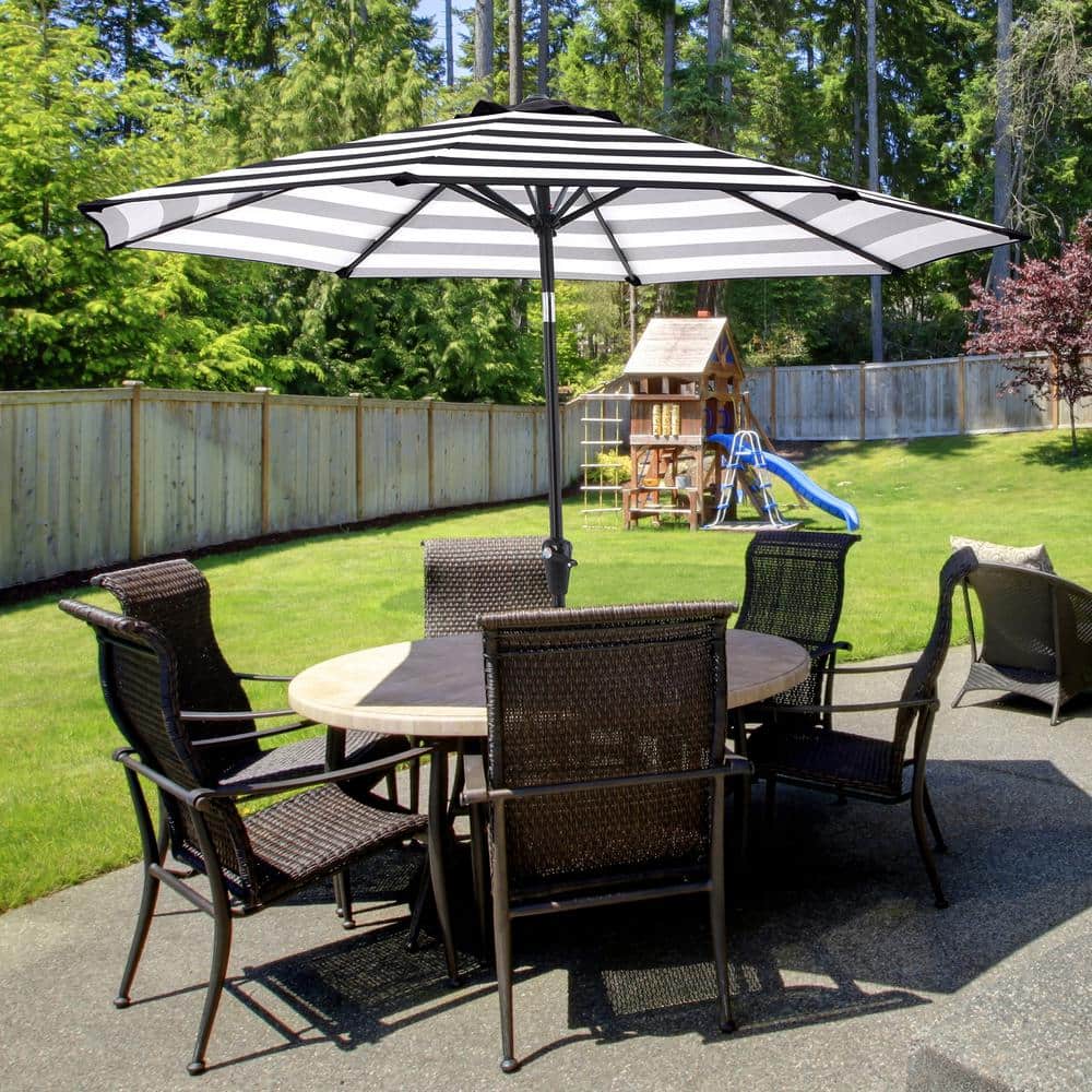 9 Ft Black and White Striped Outdoor Patio Umbrella with Tilt