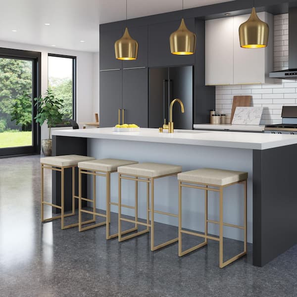 Easy 26.75 in. Light Grey-Beige PVC / Golden Metal Counter Stool