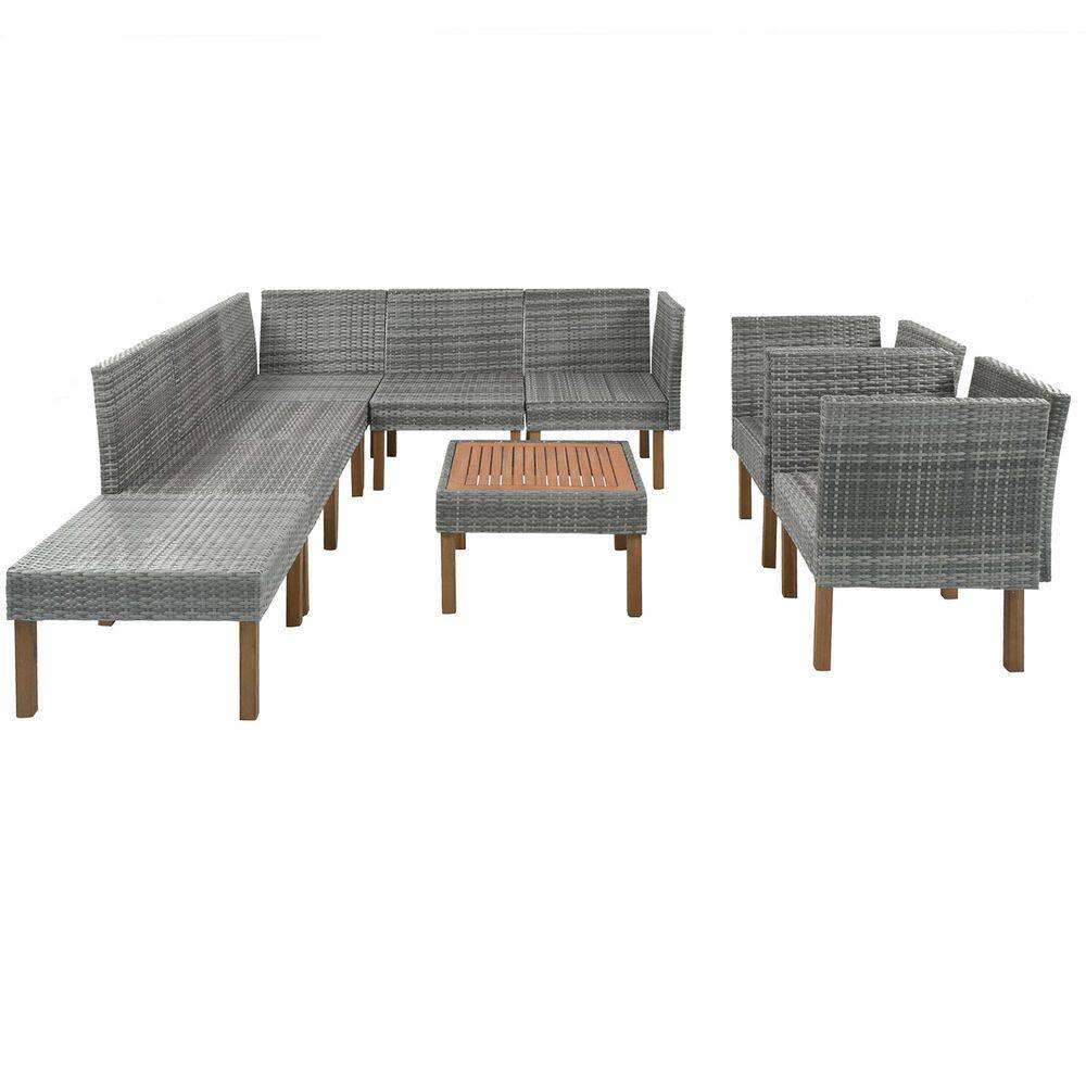 Tatayosi Grey 9Piece PE Wicker Outdoor Dining Table Sofa Set with Wooden Legs and Grey Cushion