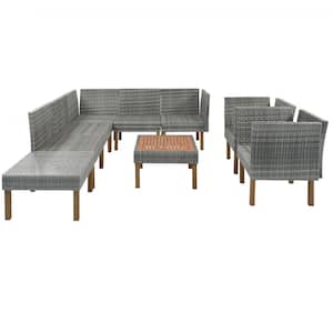 Grey 9-Piece PE Wicker Outdoor Dining Table Sofa Set with Wooden Legs and Grey Cushion Armchair