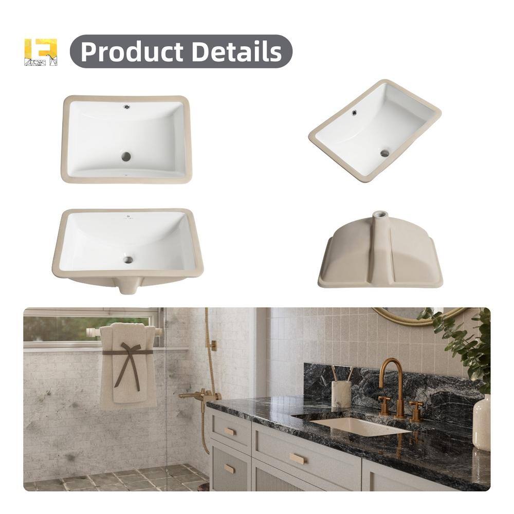 21" White Glossy Ceramic Rectangular Undermount Bathroom Sink