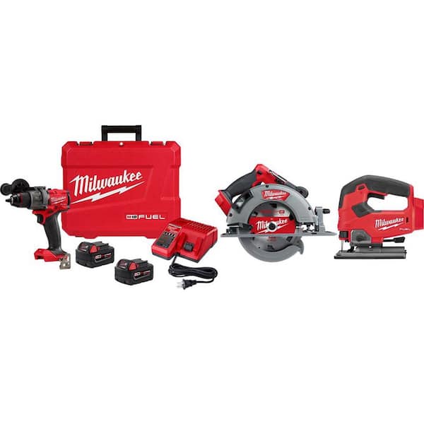 Milwaukee M18 Fuel 18-V Lithium-Ion Brushless Cordless 1/2 in. Hammer Drill Driver Kit with 7-1/4 in. Circular Saw and Jig Saw