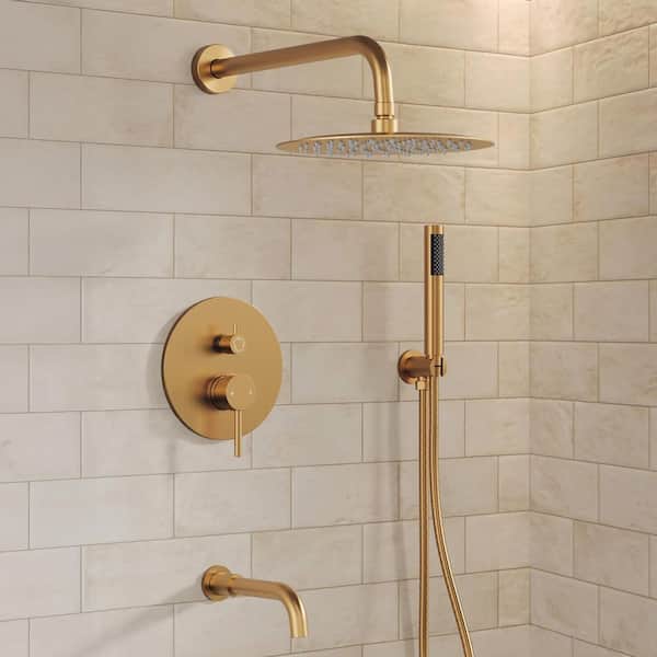 3-Spray Round High Pressure Wall Bar Shower Kit Tub and Shower Faucet with Hand Shower in Brushed Gold (Valve Included)
