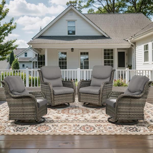Opohoro Crescent Gray Wicker PE Rattan Outdoor Swivel Rocker Patio Chairs with Olefin Gray Cushions (4-Pack)