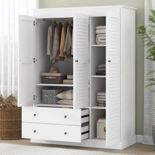 Nestfair 3-Doors White Wood 20.5 in. Wardrobe Armoire Closet with 2-Drawers